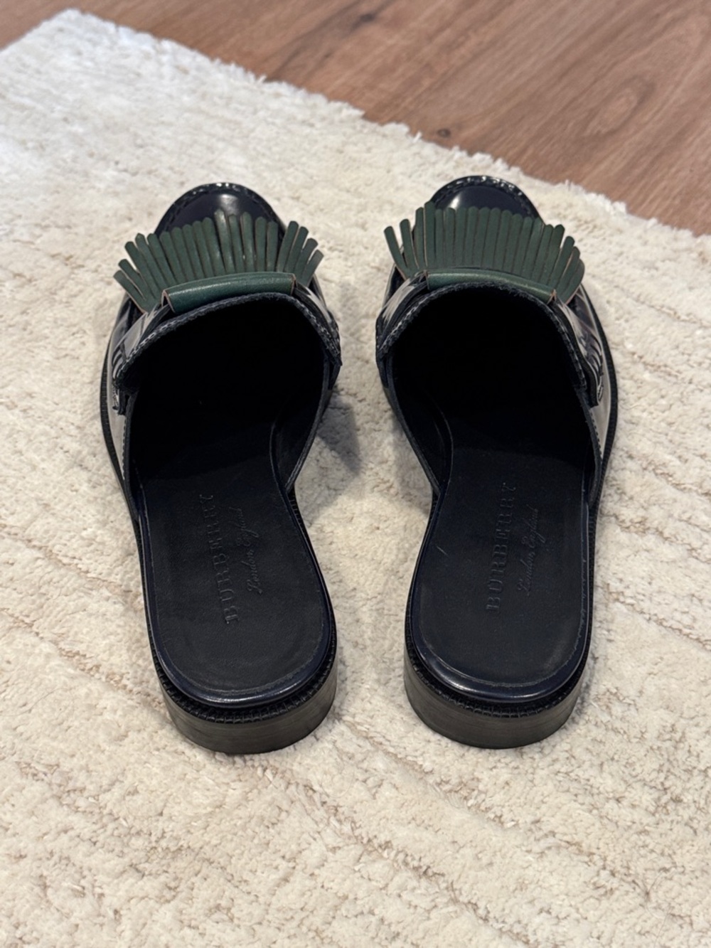 Burberry Navy Leather Slip-On Loafers with Green Fringe - Picture 4 of 6